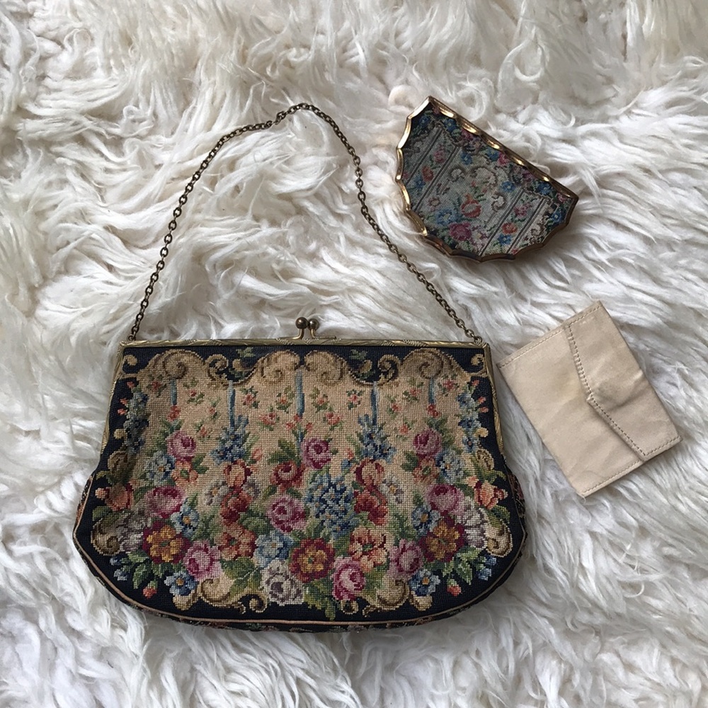 Vintage Petitpoint Tapestry Bag & Compact - Picture 1 of 17